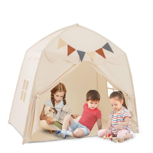 HOMASIS Kinderzelt für Indoor, Spielhaus mit 20 Sternlichtern & 12 Wimpeln & Matte & 2 Fenstern & Vorhang, Spielzelt Prinzessin Zelt für Mädchen & Jungen, Tipi Zelt Kinderhaus Kinderzimmer (Beige) von HOMASIS