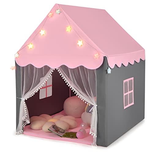 HOMASIS Kinderzelt für Indoor, Spielhaus mit Matte & Sternlichtern & Fenstern & doppeltem Vorhang, Kinder Spielzelt Prinzessin Kinderspielzelt für Mädchen & Jungen, Bettzelt Tipi Zelt (Rosa) von HOMASIS