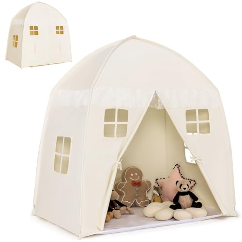 HOMASIS Kinderzelt für Indoor, Spielhaus mit Tragetasche & Matte & Fenstern & Vorhang & Reißverschlusstür, Spielzelt Prinzessin Zelt für Mädchen & Jungen, Bettzelt Tipi Zelt 143x100x155 cm (Beige) von HOMASIS