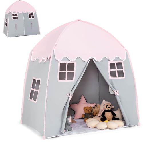 HOMASIS Kinderzelt für Indoor, Spielhaus mit Tragetasche & Matte & Fenstern & Vorhang & Reißverschlusstür, Spielzelt Prinzessin Zelt für Mädchen & Jungen, Bettzelt Tipi Zelt 143x100x155 cm (Rosa) von HOMASIS