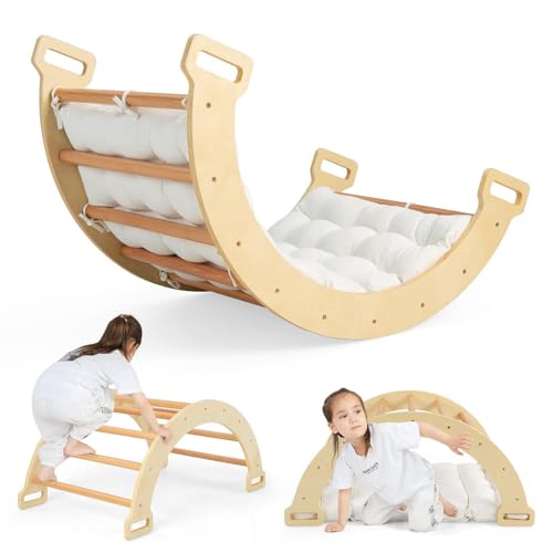 HOMASIS Kletterbogen mit Kissen, Holz Klettergerüst Indoor, Montessori Holzwippe Bogenwippe zum Wippen & Klettern, Picklerdreick Baby, Kletterdreieck Klettergeräte für Kinder ab 3 Jahre (Natur) von HOMASIS