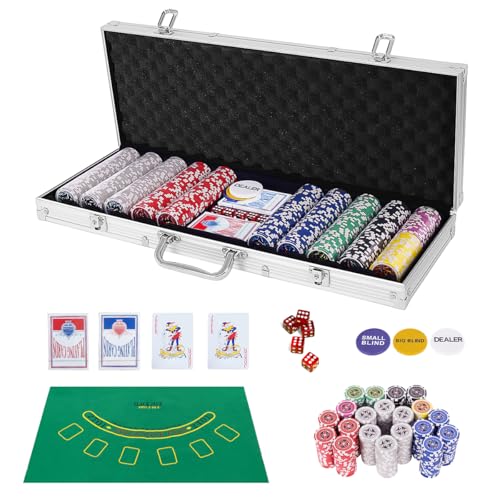 HOMASIS Pokerset mit 500 Chips, Alu Pokerkoffer mit 2 Kartendecks, 5 Würfeln, 3 Dealer Button & Matte, Poker Koffer abschließbar, Poker Set Pokerkarten für Texas Hold'em (500 Chips, Silber) von HOMASIS