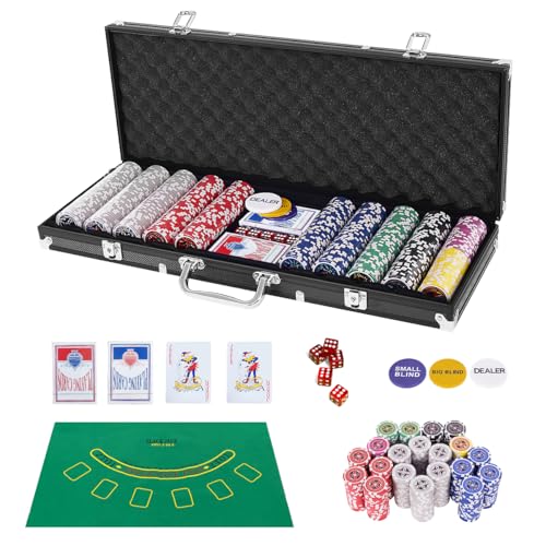 HOMASIS Pokerset mit 500 Chips, Alu Pokerkoffer mit 2 Kartendecks, 5 Würfeln, 3 Dealer Button & Matte, Poker Koffer abschließbar, Poker Set Pokerkarten für Texas Hold'em (500 Chips, Schwarz) von HOMASIS