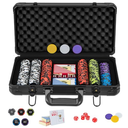 HOMASIS Pokerset mit 300 Laser-Chips, Poker Koffer mit 2 Kartendecks, 5 Würfeln, 3 Dealer Button, abschließbar Pokerkoffer aus Alu mit 2 Schlüsseln, Poker Komplett Set für Partys, Kasino (300 Chips) von HOMASIS