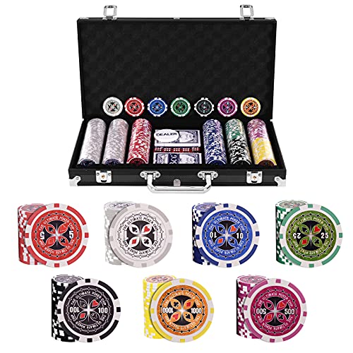 HOMASIS Pokerset mit 300 Chips, Alu Pokerkoffer mit 2 Kartendecks, 5 Würfeln, 1 Dealer Button & Matte, Poker Koffer abschließbar, Poker Set Pokerkarten für Texas Hold'em (300 Chips, Schwarz) von HOMASIS