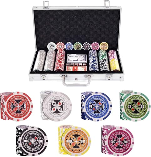 HOMASIS Pokerset mit 300 Chips, Alu Pokerkoffer mit 2 Kartendecks, 5 Würfeln, 1 Dealer Button, Poker Koffer abschließbar, Poker Set Pokerkarten für Texas Hold'em (300 Chips, Silber) von HOMASIS