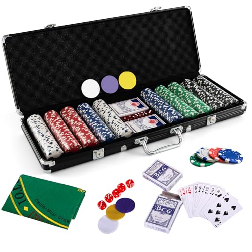 HOMASIS Pokerset mit 500 Chips, Poker Koffer mit 2 Kartendecks, 5 Würfel, Kasino-Matte, 3 Dealer Button, abschließbar Pokerkoffer Profi aus Alu, Komplettes Poker Set Pokerkarten für Partys (Schwarz) von HOMASIS
