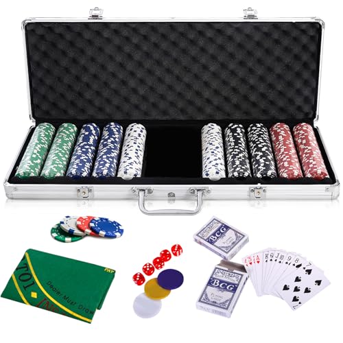 HOMASIS Pokerset mit 500 Chips, Poker Koffer mit 2 Kartendecks, 5 Würfel, Kasino-Matte, 3 Dealer Button, abschließbar Pokerkoffer Profi aus Alu, Komplettes Poker Set Pokerkarten für Partys (Silver) von HOMASIS