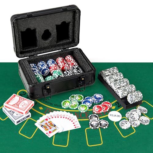 HOMASIS Profi Pokerset mit 300/400 Pokerchips, Pokerkoffer mit Matte, 2 Kartendecks, 5 Würfeln, 1 Dealer Button, Aluminiumkoffer abschließbar, Kasino Poker Set für Texas Hold'em Blackjack (300 Chips) von HOMASIS