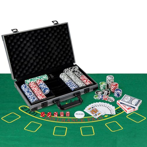 HOMASIS Profi Pokerset mit 300/400 Pokerchips, Pokerkoffer mit Matte, 2 Kartendecks, 5 Würfeln, 1 Dealer Button, Aluminiumkoffer abschließbar, Kasino Poker Set für Texas Hold'em Blackjack (400 Chips) von HOMASIS