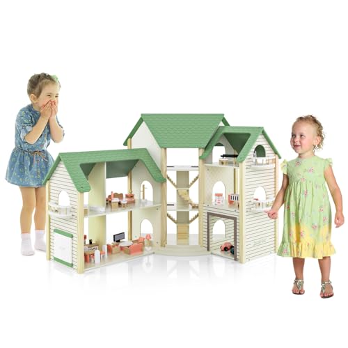 HOMASIS Puppenhaus Holz, Dollhouse inkl. 32/36/42 Zubehör & Möbeln, Puppenvilla 3 Etagen mit 6/7 Zimmer, Geschenk für Mädchen, Traumhaus Puppenstube Traumvilla für Kinder ab 3 Jahren (Model 1) von HOMASIS