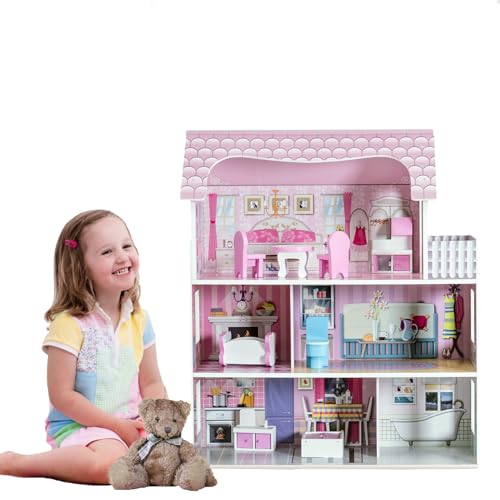 HOMASIS Puppenhaus inkl. Möbeln & Zubehör, Rosa Puppenstube Holz, Puppenvilla mit 3 Etagen & 5 Zimmer, Geschenk für Mädchen, Dollhouse Traumvilla für Kinder ab 3 Jahren, Puppenhaus-Spielset von HOMASIS