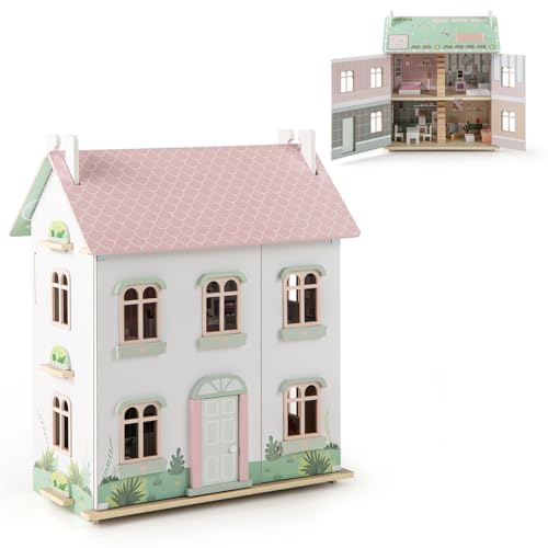 HOMASIS Puppenhaus mit 3 Etagen, Puppenvilla inkl. 19 Möbeln & Zubehör, Rosa Puppenstube Holz, Traumhaus für Mädchen, DIY Dollhouse Traumvilla Barbiehaus für Kinder ab 3 Jahren von HOMASIS