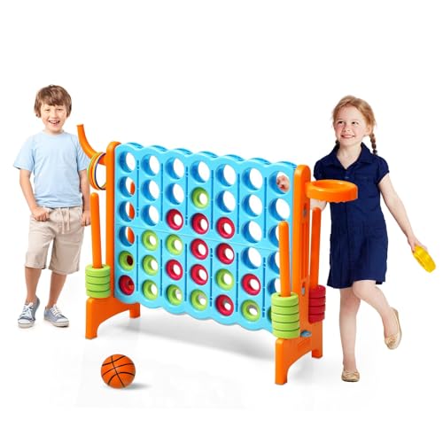 HOMASIS Riesiges 4 Gewinnt Spiel, 4 in Einer Reihe Spiel mit Basketballkorb & Wurfspiel, Strategiespiel mit 42 Ringen, XXL Brettspiel Spielzeug für Kinder & Erwachsene Outdoor (Blau + Orange) von HOMASIS