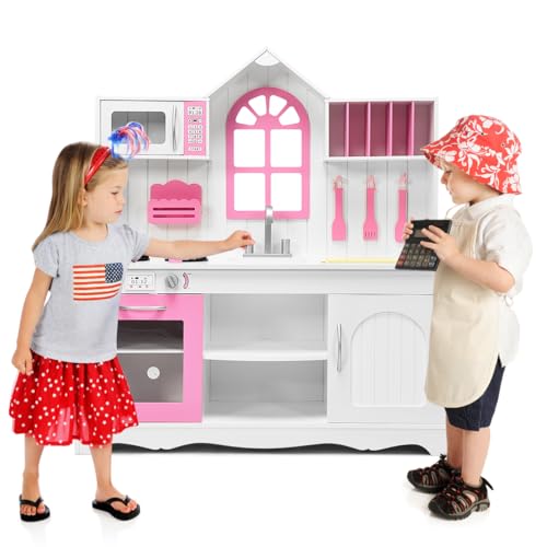 HOMASIS Spielküche, Kinderküche aus Holz, Spielzeugküche mit Spüle Herd Ofen Mikrowelle, mit 3 Kochutensilien, Holzküche mit Regal & Schrank, Kinderspielküche für Kinder ab 3 Jahre, Rosa+Weiß HOMASIS Spielküche, Kinderküche aus Holz, Spielzeugküche mit Spüle Herd Ofen Mikrowelle, mit 3 Kochutensilien, Holzküche mit Regal & Schrank, Kinderspielküche für Kinder ab 3 Jahre, Rosa+Weiß von HOMASIS