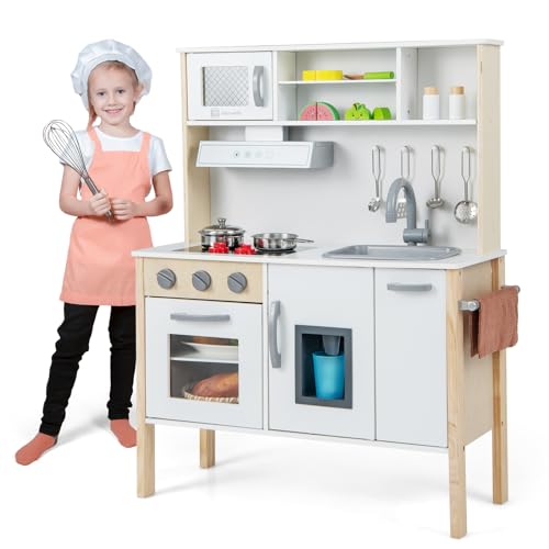 HOMASIS Spielküche mit 18 Zubehör, Kinderküche Holz, Spielzeugküche mit Spüle Herd Backofen Mikrowelle Eismaschine, Holzküche mit Licht & Sound, Kinderspielküche Eckküche für Kinder ab 3 Jahre (Weiß) von HOMASIS