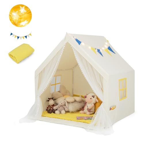 HOMASIS Kinderzelt für Indoor & Oudoor, Kinder Spielzelt mit Sternenlichtern & Matte & Fenster & Vorhang, Spielhaus Prinzessin für Jungen & Mädchen, Kinderspielhaus Tipi Zelt 121x105x125cm von HOMASIS