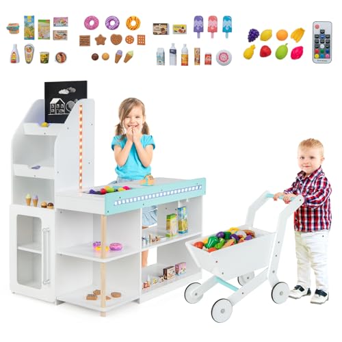 HOMASIS Supermarkt mit Einkaufswagen, Kaufladen mit Kasse, Tafel, 3 LED-Lichtstreifen, Fernbedienung & 39 Zubehör, Kaufmannsladen Holz, Verkaufsstand Einkaufsladen für Kinder ab 3 Jahren HOMASIS Supermarkt mit Einkaufswagen, Kaufladen mit Kasse, Tafel, 3 LED-Lichtstreifen, Fernbedienung & 39 Zubehör, Kaufmannsladen Holz, Verkaufsstand Einkaufsladen für Kinder ab 3 Jahren von HOMASIS