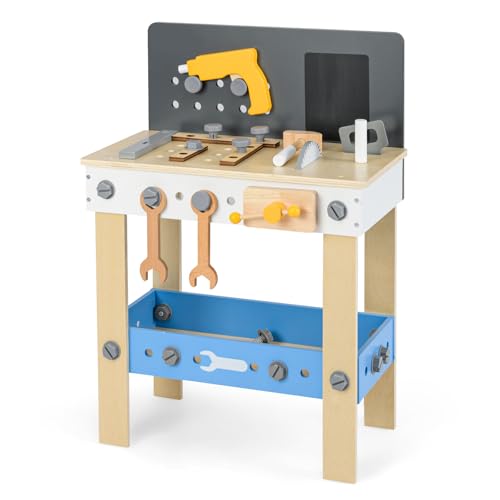 HOMASIS Werkbank Kinder, Werkzeugbank Holz, Holzwerkbank Werkstatt mit 50 TLG. Zubehör & Tafel & Arbeitsplatte & unteren Ablage, Spielwerkbank mit Werkzeugen, Kinderwerkbank ab 3 Jahre, 51x28x72cm von HOMASIS