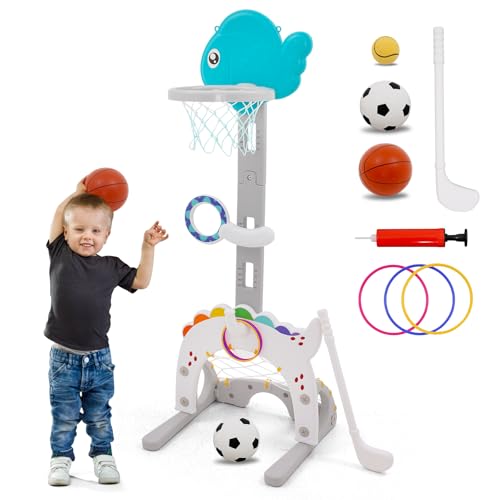 Kinder Basketballkorb Set 5 in 1 höhenverstellbarer Basketballständer Set für Outdoor Indoor Multifunktions Kleinkinder Basketball Set für Jungen Mädchen, Fußball, Golf, Ring Toss, Ball Toss von HOMCENT