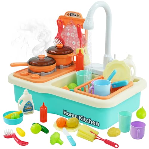 HOMCENT Küchenspüle Spielzeug Set mit Früchten, Kochherd und Geschirrzubehör, Küchenspüle Kinder, Spülbecken Kinder Wasserfunktion von HOMCENT