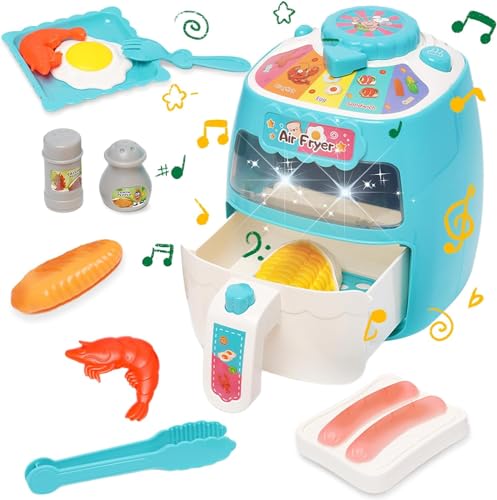 Spiel Fritteuse für Kinder, Spielzeug Heißluftfritteuse, Küchenspielzeug, Spiellebensmittel für Kinder, Kochspielzeugset mit Musik und Farbe, Blau von HOMCENT