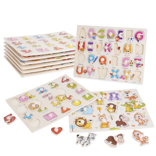 Holz Peg Puzzles für Kleinkinder, 6-Pack Holz Jigsaw Set für Kinder Tiere, Fahrzeuge, Ozean, Dinosaurier, Obst und Bauernhof, Vorschule Pädagogisches Lernen Geschenk Spielzeug für Jungen und Mädchen von HOMCENT