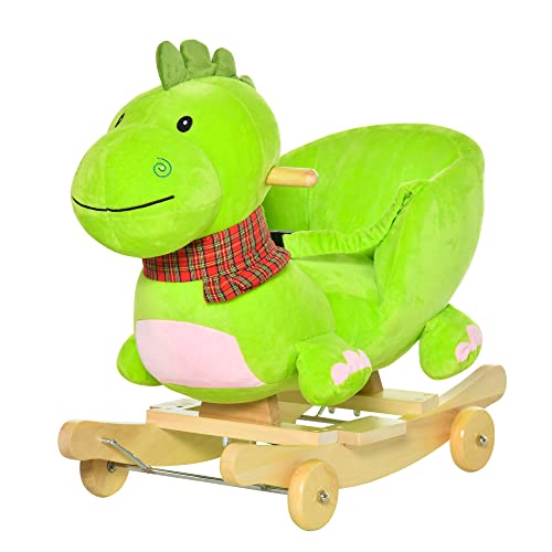 HOMCOM 2-IN-1 Schaukelpferd mit Räder Plüsch Schaukeltier Babyschaukel Spielzeug Grün 60 x 32 x 52 cm von HOMCOM