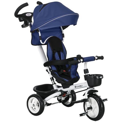 HOMCOM 2 in 1 Dreirad mit Schubstange, Kinderdreirad mit Sicherheitsgurt, Faltbar, Abnehmbar Sonnendach, Getränkehalter, Korb, Pedal, für 1-5 Jahre Kinder, Blau von HOMCOM