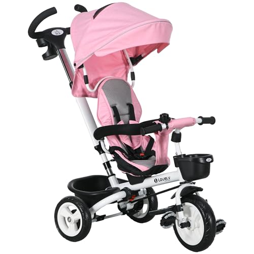 HOMCOM 2 in 1 Dreirad mit Schubstange, Kinderdreirad mit Sicherheitsgurt, Faltbar, Abnehmbar Sonnendach, Getränkehalter, Korb, Pedal, für 1-5 Jahre Kinder, Rosa von HOMCOM