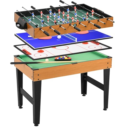 HOMCOM 4 in 1 Multigame Spieletisch, Partyspieltisch mit Tischtennis, Kicker, Billard, Tischhockey, für Multiplayer-Spaß, Stahl, Naturholz+Schwarz von HOMCOM