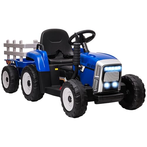 HOMCOM Elektrischer Traktor mit Anhänger, Kinder Aufsitztraktor mit Fernbedienung, Kinder Elektroauto mit MP3 Funktion, Kinderfahrzeug mit Scheinwerfer, 3-6KM/H, für 3-6 Jahre, Blau von HOMCOM