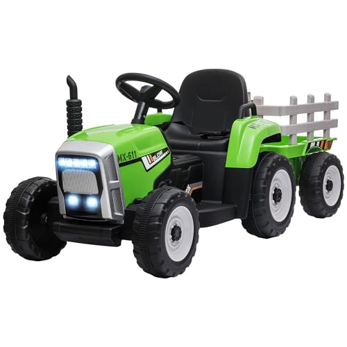 HOMCOM Elektrischer Traktor mit Anhänger, Kinder Aufsitztraktor mit Fernbedienung, Kinder Elektroauto mit MP3 Funktion, Kinderfahrzeug mit Scheinwerfer, 3-6KM/H, für 3-6 Jahre Kinder, Grün von HOMCOM