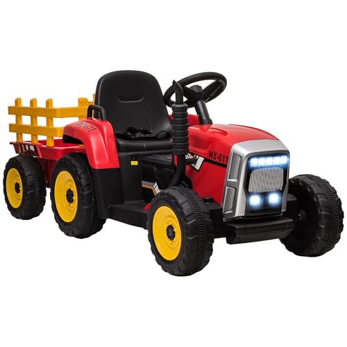 HOMCOM Elektrischer Traktor mit Anhänger, Aufsitztraktor mit Fernbedienung, Kinder Elektroauto mit MP3 Funktion, Kinderfahrzeug mit Scheinwerfer, 3-6KM/H, für 3-6 Jahre Kinder, Rot von HOMCOM