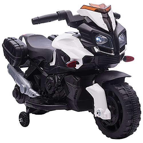 HOMCOM Elektromotorrad Kinderelektroauto Elektro-Kindermotorrad Kinderfahrzeug 6V LED-Licht simuliertes Motorgeräusch Metall+PP Schwarz+Weiß 88,5X 42,5x49 cm von HOMCOM