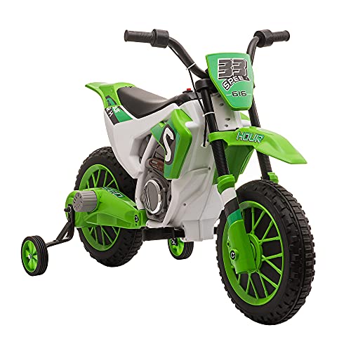 HOMCOM Kinder Elektro-Motorrad Kindermotorrad 12V Kinderfahrzeug Elektrofahrzeug mit 2 abnehmbaren Stützrädern für Kinder ab 3 Jahre PP Metall Grün+Weiß 106,5 x 51,5 x 68 cm von HOMCOM