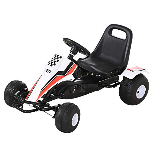 HOMCOM Go Kart Kinderfahrzeug Tretauto mit Pedal Bremsen Sitz Verstellbar Kinderspielzeug für 3-6 Jahre Stahl Weiß 104 x 66 x 57 cm von HOMCOM