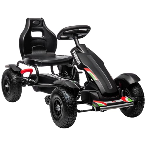 HOMCOM GoKart, Tretfahrzeug, Tretauto mit Handbremsen, Kinderfahrzeug mit verstellbarem Sitz, Pedal, Kettcar für 5-12 Jahre Kinder, Outdoor, Schwarz von HOMCOM