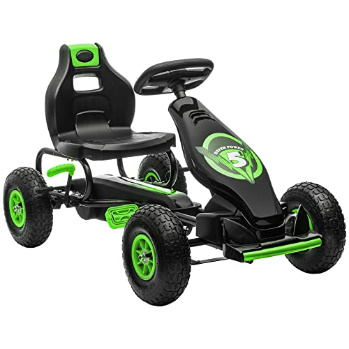 HOMCOM Gokart, Kinderfahrzeug mit verstellbarem Sitz, Tretfahrzeug mit Gummireifen, Pedal und Handbremse, Kettcar für 5-12 Jahre Kinder, Outdoor, Grün von HOMCOM