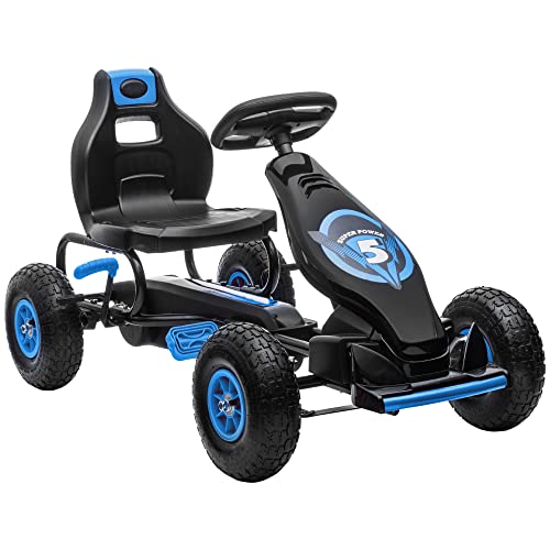 HOMCOM Gokart, Kinderfahrzeug mit verstellbarem Sitz, Tretfahrzeug mit Gummireifen, Pedal und Handbremse, Kettcar für 5-12 Jahre Kinder, Outdoor, Blau von HOMCOM