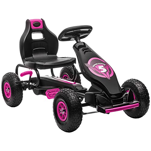 HOMCOM Gokart, Kinderfahrzeug mit verstellbarem Sitz, Tretfahrzeug mit Gummireifen, Pedal und Handbremse, Kettcar für 5-12 Jahre Kinder, Outdoor, Rosa von HOMCOM