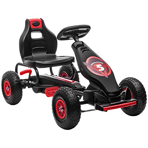 HOMCOM Gokart, Kinderfahrzeug mit verstellbarem Sitz, Tretfahrzeug mit Gummireifen, Pedal und Handbremse, Kettcar für 5-12 Jahre Kinder, Outdoor, Rot von HOMCOM