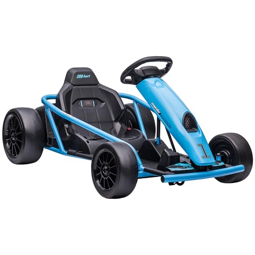 HOMCOM Kinder Elektro Gokart 24 V Drift Kart mit Langsamem Start, Musik, Hupe und Sicherheitsgurt, Kinderfahrzeug für 8-12 Jahre Kinder, Blau von HOMCOM