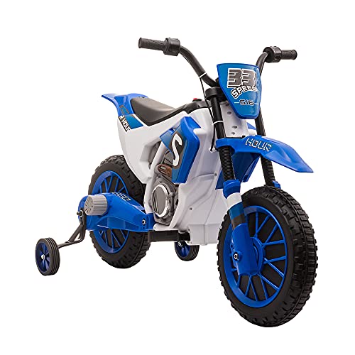 HOMCOM Kinder Elektro-Motorrad Kindermotorrad 12V Kinderfahrzeug Elektrofahrzeug mit 2 abnehmbaren Stützrädern für Kinder ab 3 Jahre PP Metall Blau+Weiß 106,5 x 51,5 x 68 cm von HOMCOM