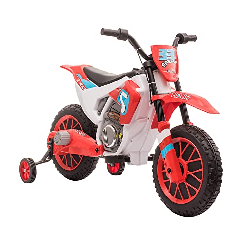 HOMCOM Kinder Elektro-Motorrad Kindermotorrad 12V Kinderfahrzeug Elektrofahrzeug mit 2 abnehmbaren Stützrädern für Kinder ab 3 Jahre PP Metall Rot+Weiß 106,5 x 51,5 x 68 cm von HOMCOM