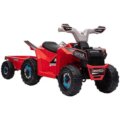 HOMCOM Kinder Elektro-Quad 6V Kinderquad, Kinderfahrzeug, Elektroauto mit Anhänger für Kinder 1,5-3 Jahre, 2,5 km/h, Metall, 106 x 41,5 x 48,5 cm, Rot von HOMCOM