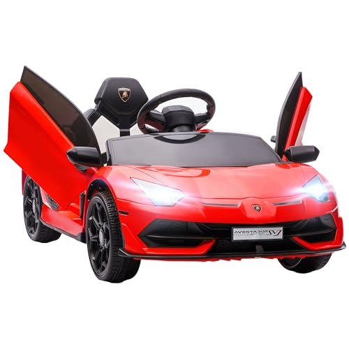 HOMCOM Kinder Elektroauto 12V Elektrisches Kinderfahrzeug, Lamborghini Aventador SVJ Roadster Elektrofahrzeug inkl. 2,4G Fernbedienung, Kinderauto mit MP3-Player, Hupe, Licht, für 3-5 Jahre, Rot von HOMCOM