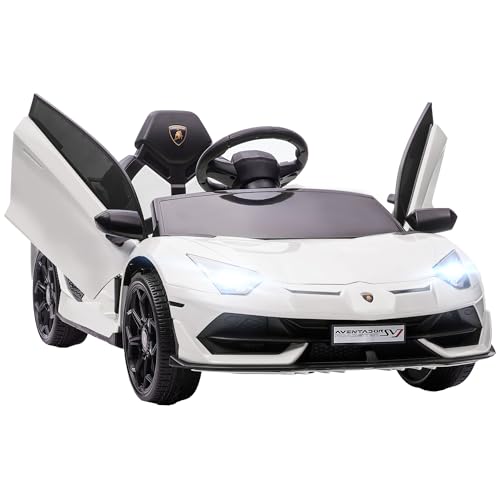 HOMCOM Kinder Elektroauto 12V Elektrisches Kinderfahrzeug, Lamborghini Aventador SVJ Roadster Elektrofahrzeug inkl. 2,4G Fernbedienung, Kinderauto mit MP3-Player, Hupe, Licht, für 3-5 Jahre, Weiß von HOMCOM