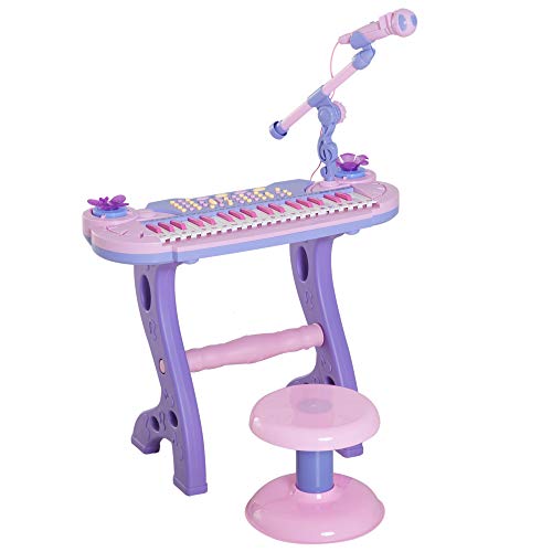 HOMCOM Kinder Klavier 37 Tasten Elektronisches Keyboard Klavier Set Geschenk Klavier Spielzeug Lernspielzeug für Kinder +3 Jahre mit Mikrofon Hocker Lichter und 22 Lieder USB/MP3 Karaoke Rosa von HOMCOM