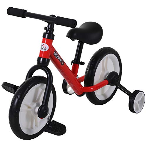 HOMCOM Kinder Laufrad, Lauflernrad, Kinderfahrrad, 2-in-1, Kinderrad mit Stützrädern und Pedalen, 2-5 Jahre, Sitzhöhenverstellbar, PP, Rot, 85 x B36 x H54 cm von HOMCOM